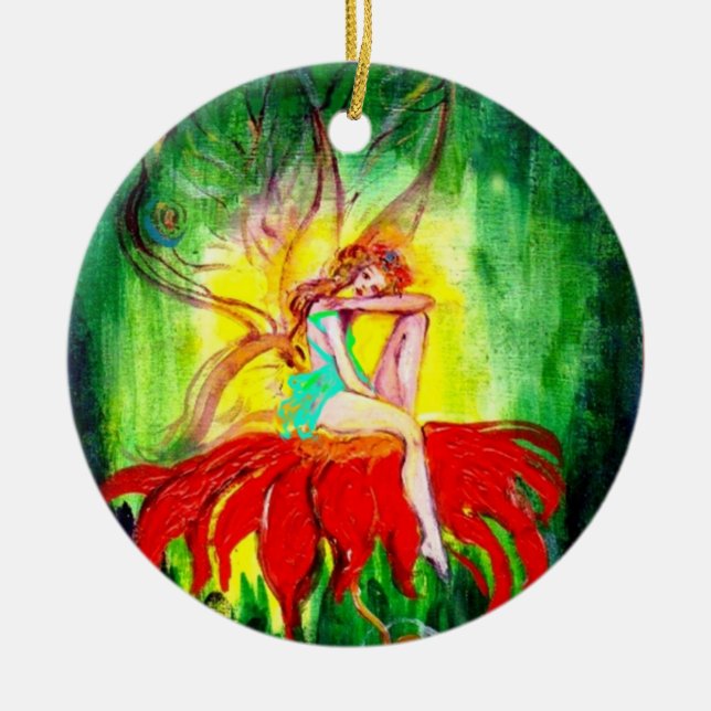 FAIRY DREAMING ON A RED FLOWER,VIBRANT RUBY JULGRANSPRYDNAD KERAMIK (Framsidan)