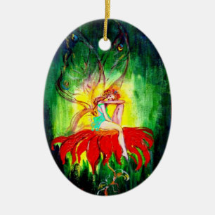 FAIRY DREAMING ON A RED FLOWER,VIBRANT RUBY JULGRANSPRYDNAD KERAMIK