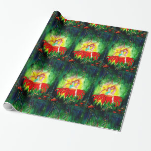 FAIRY DREAMING ON RED FLOWER Grönt Gult Fantasy Presentpapper