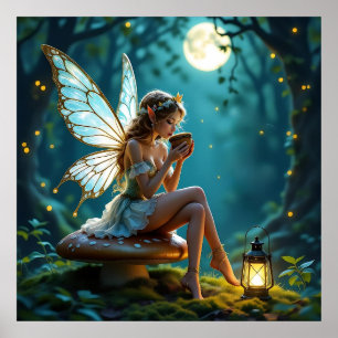 Fairy Drinking Coffee Enchanted Forest Poster