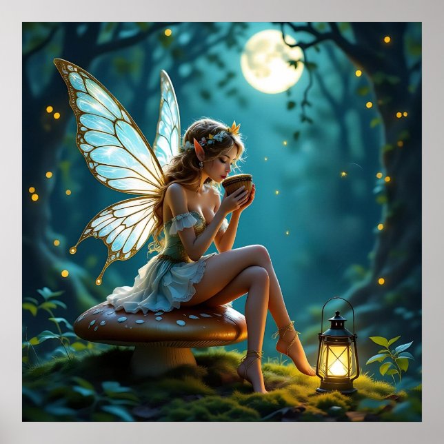 Fairy Drinking Coffee Enchanted Forest Poster (Framsidan)