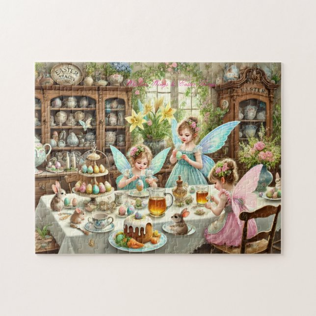 Fairy Easter Kitchen Whimsical Tea Party Scene Pussel (Horisontell)