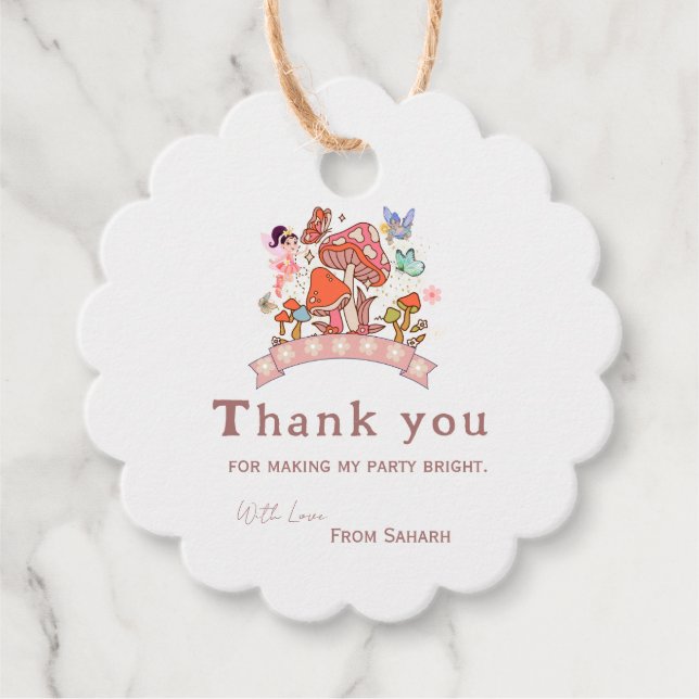 Fairy Enchanted Mashroom 1 Birthday Tack Gåvor Etiketter (Framsida)