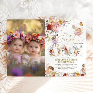 Fairy First 1st Birthday Twin Girls Blommigt Garde Inbjudningar