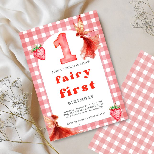 Fairy first 1st Strawberry Gingham födelsedag Inbjudningar (Skapare uppladdad)