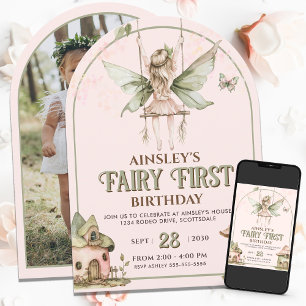 Fairy First Anpassningsbar Photo Rosa Sage 1:a föd Inbjudningar