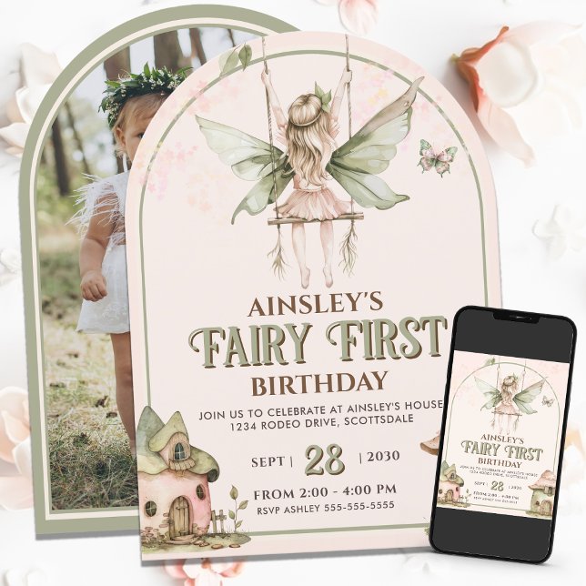 Fairy First Anpassningsbar Photo Rosa Sage 1:a föd Inbjudningar (Skapare uppladdad)