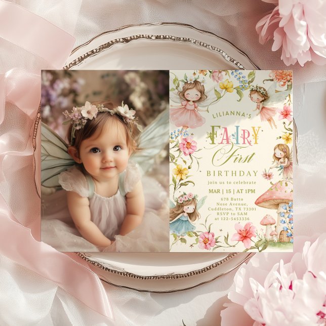 Fairy First Birthday Colorful Enchanted Photo Inbjudningar (Skapare uppladdad)