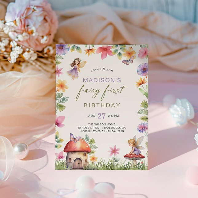 Fairy First Birthday Enchanted Forest Blommigt Gir Inbjudningar (Skapare uppladdad)