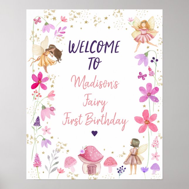 Fairy First Birthday Enchanted Garden Välkommen Poster (Framsidan)