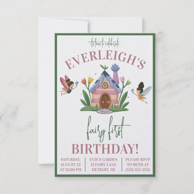 Fairy First Birthday, Fairy Garden Thmet Birthday Inbjudningar (Framsida)