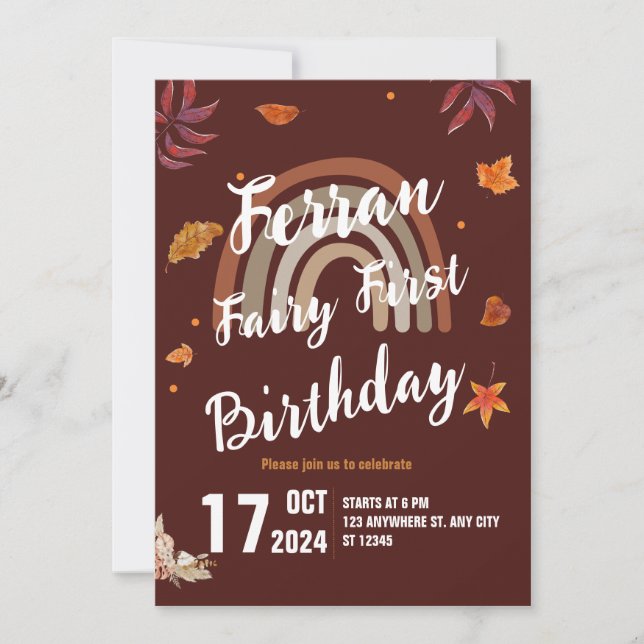 Fairy First Birthday Fall Boho Rainbow Inbjudningar (Framsida)