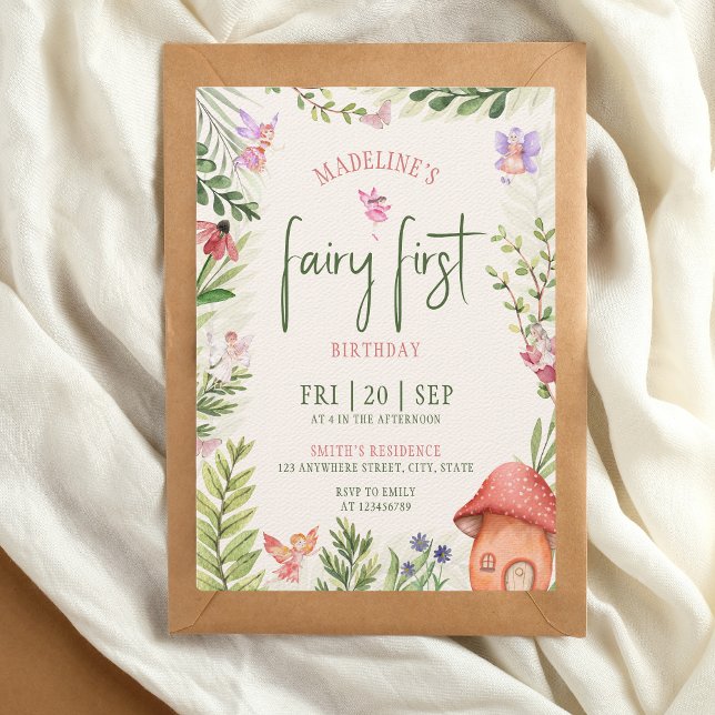 Fairy First Birthday Forest Watercolor Mushroom Inbjudningar (fairy first 1st birthday invitation)