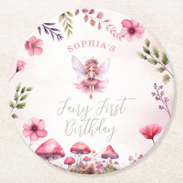 Fairy First Birthday Förstorad Forest Mushroom Underlägg Papper Rund