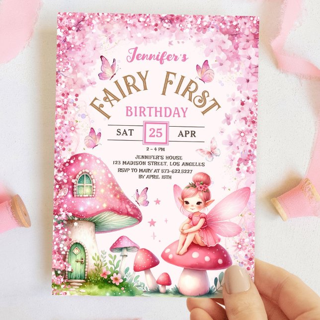 Fairy First Birthday Girl 1st Fairy Forest Rosa Inbjudningar (Skapare uppladdad)
