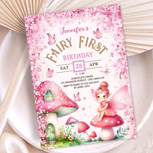 Fairy First Birthday Girls Rosa Enchanted Forest Inbjudningar (Skapare uppladdad)