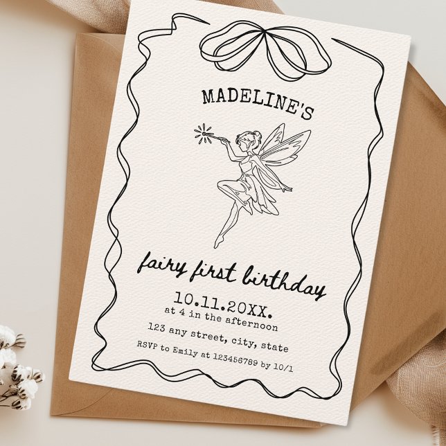 Fairy First Birthday Hand belyste minimalistisk ve Inbjudningar (Hand Drawn Fairy First Birthday Invitation Hand Illustrated Bow Minimalist)