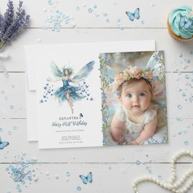 Fairy First Birthday Invitation | Dusty Blue Inbjudningar (Skapare uppladdad)