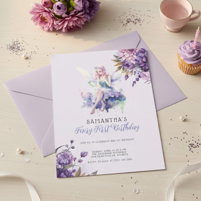 Fairy First Birthday Invitation | Dusty Purple Inbjudningar (Skapare uppladdad)