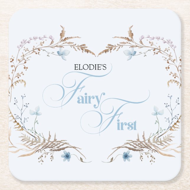 Fairy First Birthday Invitation | Elegant Blue  Underlägg Papper Kvadrat (Framsidan)