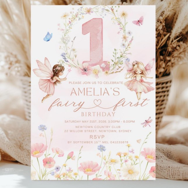 Fairy First Birthday Invitation Girl, Fairy 1st Bi Inbjudningar (Skapare uppladdad)