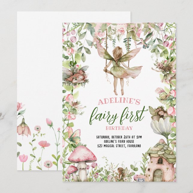 Fairy First Birthday Magic Watercolor Inbjudningar (Fram/baksida)
