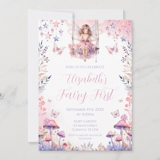 Fairy First birthday Party Invitation Inbjudningar (Framsida)