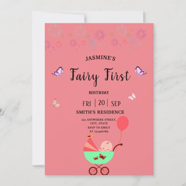 Fairy First  Birthday pink party Invitation Inbjudningar (Framsida)