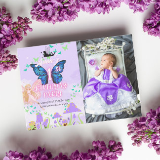 Fairy First Birthday Princess Butterfly Photo Inbjudningar