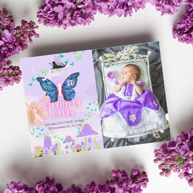 Fairy First Birthday Princess Butterfly Photo Inbjudningar (Skapare uppladdad)