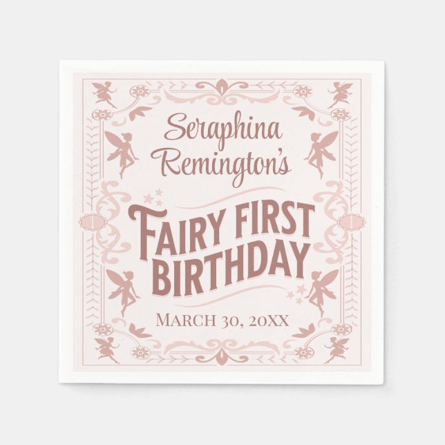 Fairy First Birthday Rosa Sweet Girls Bday Party Pappersservett (Framsidan)
