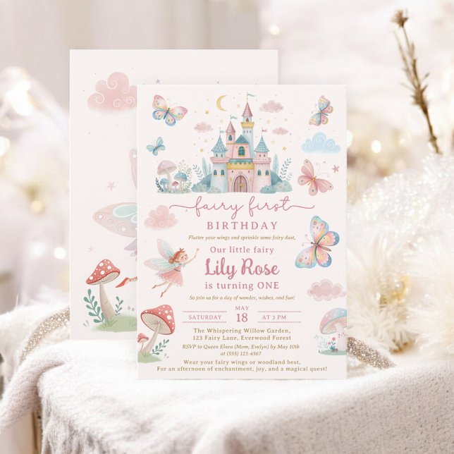 Fairy First Birthday Rosa Whimsical Castle Kids Inbjudningar (Fairy First Birthday Pink Whimsical Castle Kids Invitation)