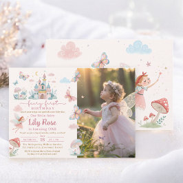 Fairy First Birthday Rosa Whimsical Castle Photo Inbjudningar