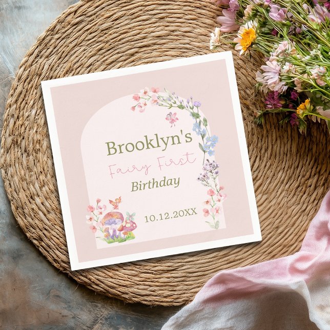 Fairy First Birthday Whimsical Mushroom Blommigt Pappersservett (Fairy First Birthday Whimsical Mushroom Floral Napkins)