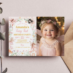 Fairy First Blommigt Garden Birthday Photo Inbjudningar