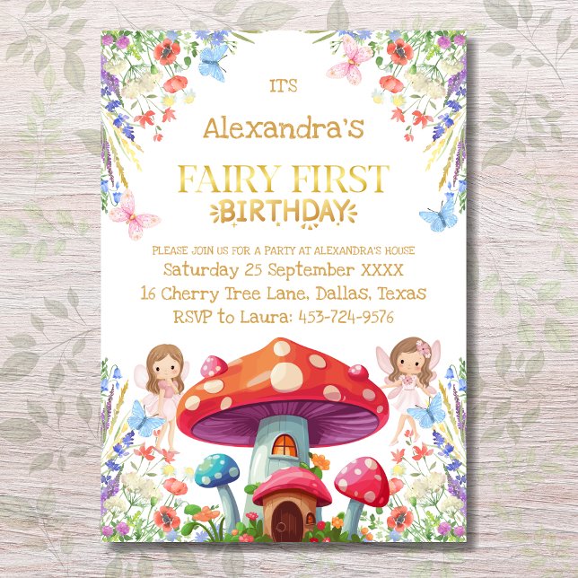 Fairy First Blommigt Girl 1:a födelsedagen Party Inbjudningar (Skapare uppladdad)