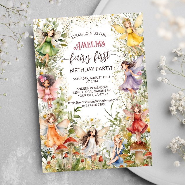 Fairy First Cute Blommigt Älvors Girls 1:a födelse Inbjudningar (Skapare uppladdad)