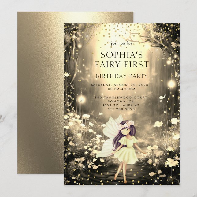 Fairy First Enchanted Forest Girl 1st Birthday Inbjudningar (Fram/baksida)