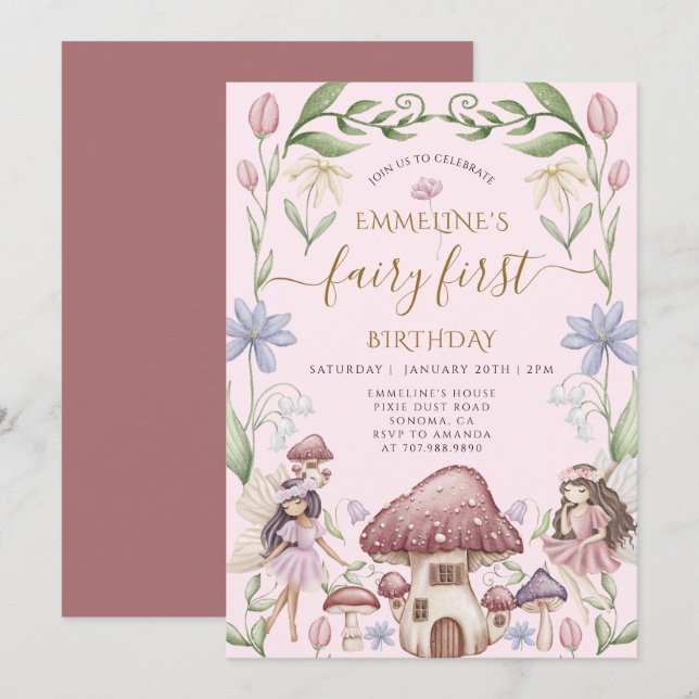 Fairy First Enchanted Forest Girl 1st Birthday Inbjudningar (Fram/baksida)