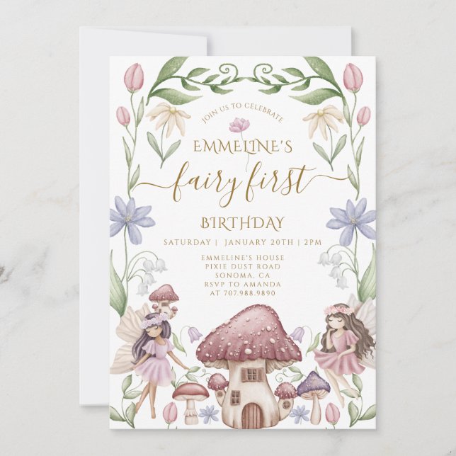Fairy First Enchanted Forest Girl 1st Birthday Inbjudningar (Framsida)