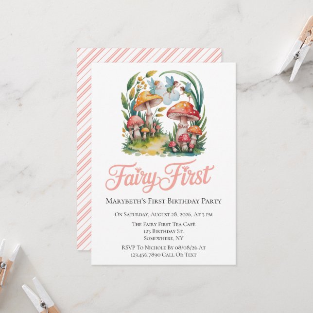 Fairy First Girl Födelsedagsfest Inbjudningar (Fram/Back In Situ)