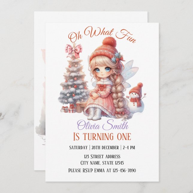 Fairy First Girl's 1st Birthday Inbjudningar (Fram/baksida)