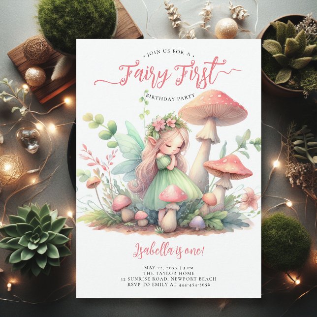 Fairy First Magic Garden Girls 1:a födelsedagen Inbjudningar (fairy first girl birthday party invitation magical forest enchanted garden mushrooms pink gold green)