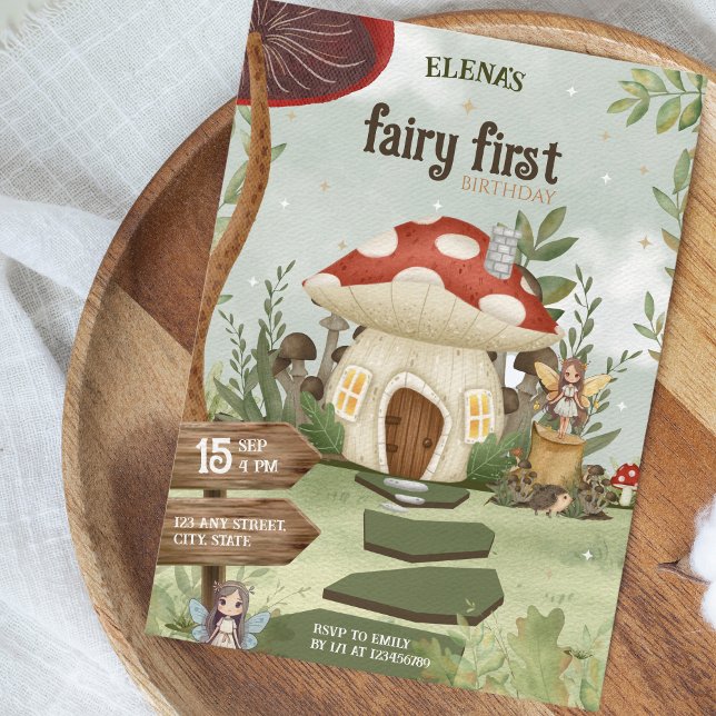 Fairy First Mushroom Forest 1 Birthday Inbjudningar (Fairy First Birthday Invitation)