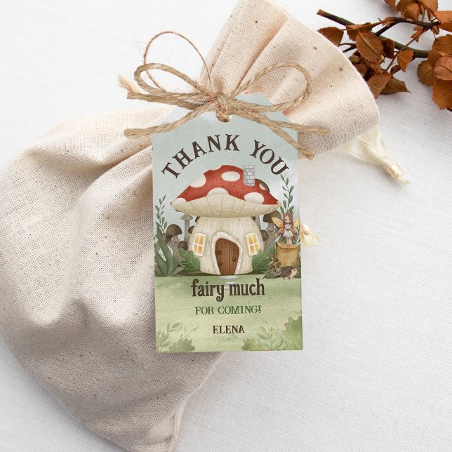 Fairy First Mushroom Woodland Tack Presentetikett (Thank You Fairy Much - Birthday)
