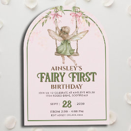 Fairy First Pastel Rosa Bow Girls 1:a födelsedagen Inbjudningar