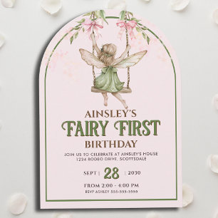 Fairy First Pastel Rosa Bow Girls 1:a födelsedagen Inbjudningar