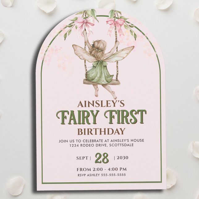 Fairy First Pastel Rosa Bow Girls 1:a födelsedagen Inbjudningar (Skapare uppladdad)