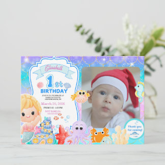 Fairy First Purple Sea Photo 1st Birthday  Inbjudningar