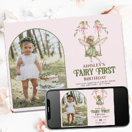 Fairy First Rosa Bow Photo Girls 1:a födelsedagen Inbjudningar